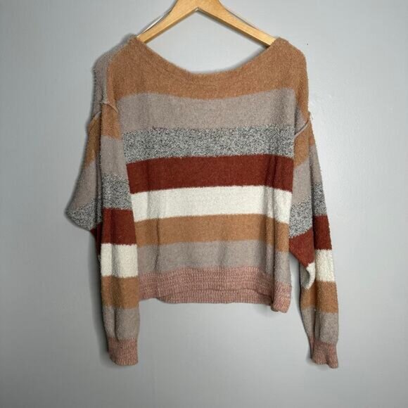 Free People‎ Women's Candyland Pullover Striped Wide Neck Sweater Size L - Picture 7 of 7